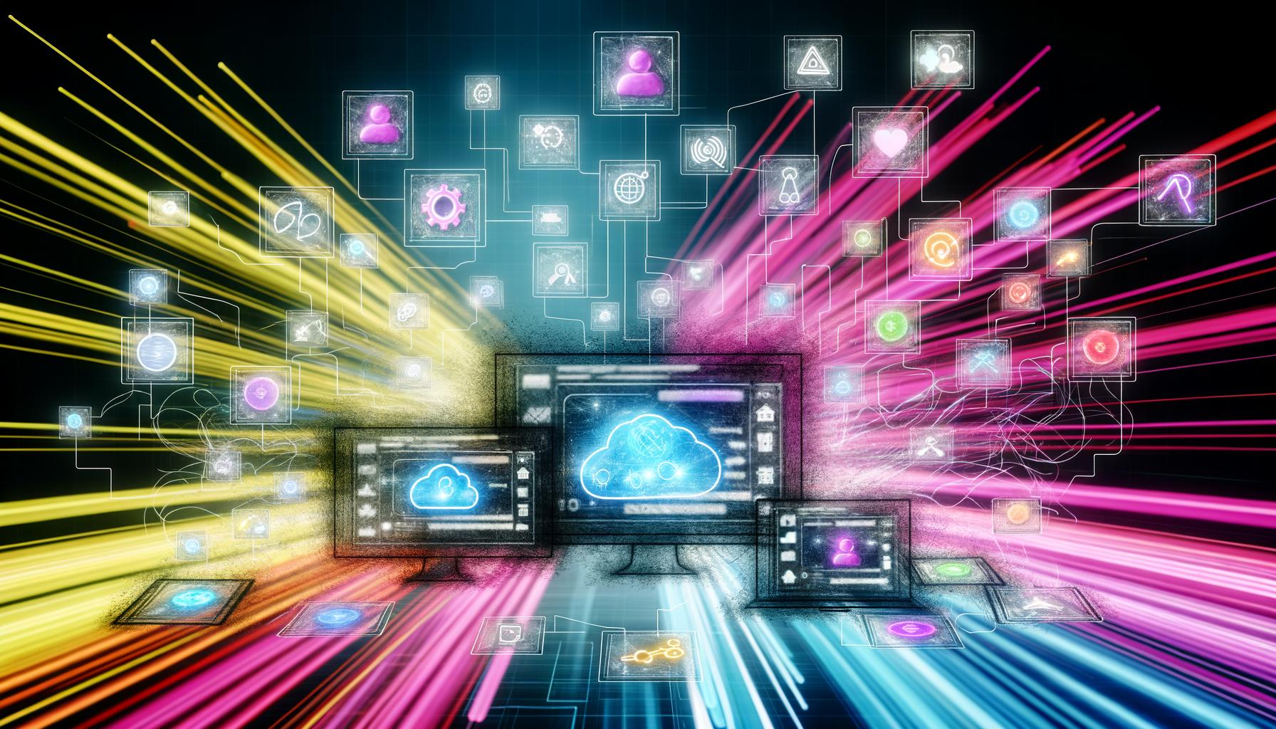 Futuristisches Dashboard mit modernen UI-Elementen, Datenströmen und API-Verknüpfungen, das digitale Transformation gegenüber veralteten CMS-Lösungen präsentiert.