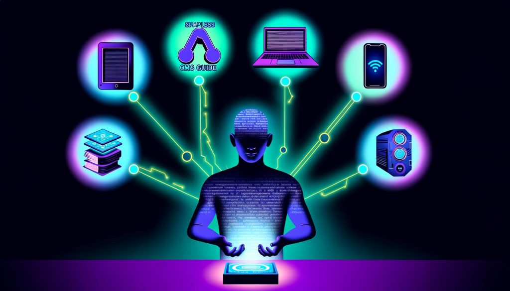 Stilisiertes Titelbild mit offenem Kopf als Metapher für Headless CMS, glühender API-Schaltzentrale in den Händen, digitale Netzwerke führen von der Strapi-Konsole sternförmig zu modernen Endgeräten, WordPress-Logo im Schatten, Strapi-Logo in modernen Neonfarben.