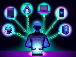 Stilisiertes Titelbild mit offenem Kopf als Metapher für Headless CMS, glühender API-Schaltzentrale in den Händen, digitale Netzwerke führen von der Strapi-Konsole sternförmig zu modernen Endgeräten, WordPress-Logo im Schatten, Strapi-Logo in modernen Neonfarben.