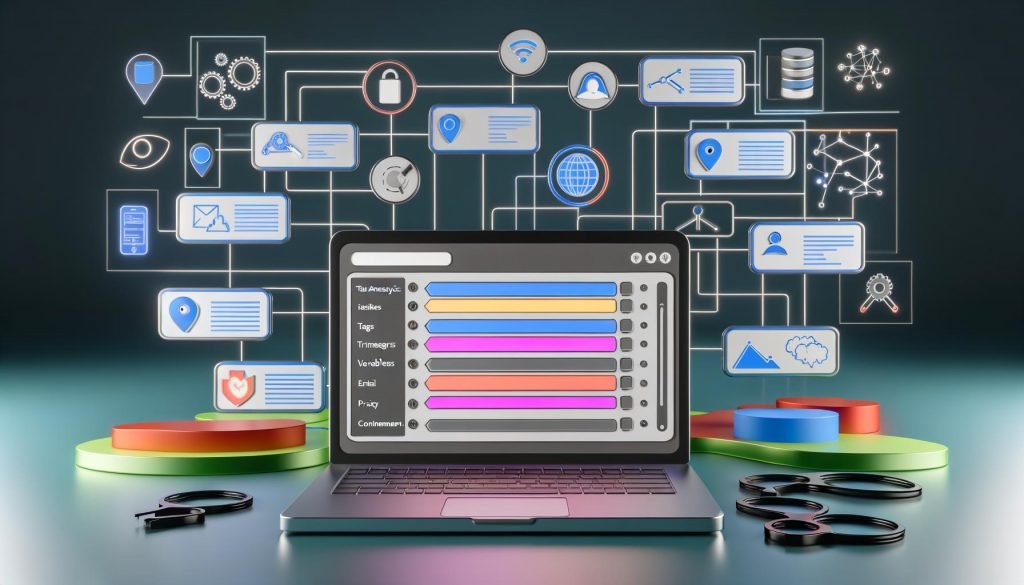 Minimalistische Illustration eines geöffneten Tag-Manager-Dashboards auf einem Laptop, dahinter Icons von Marketing-Kanälen, farbige Daten-Layer, Datenschutz-Symbole und Debugging-Elemente.