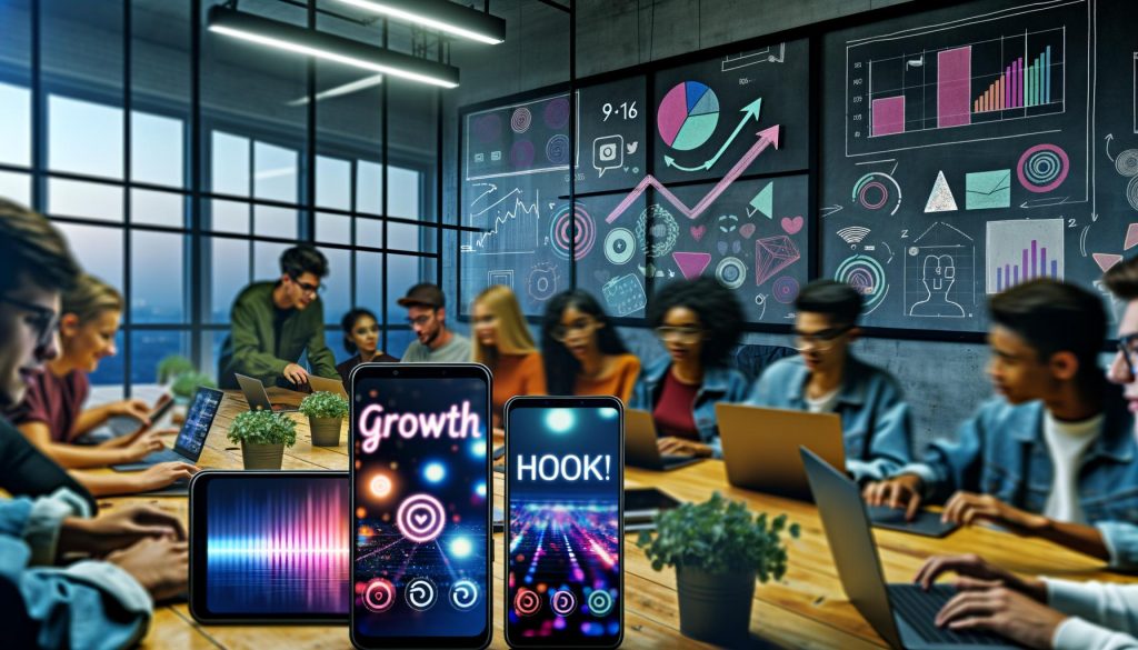 Junge, diverse Content Creator produzieren gemeinsam Social Media Reels im modernen Workspace, mit großen Handybildschirmen und Analytics-Diagrammen im Hintergrund.