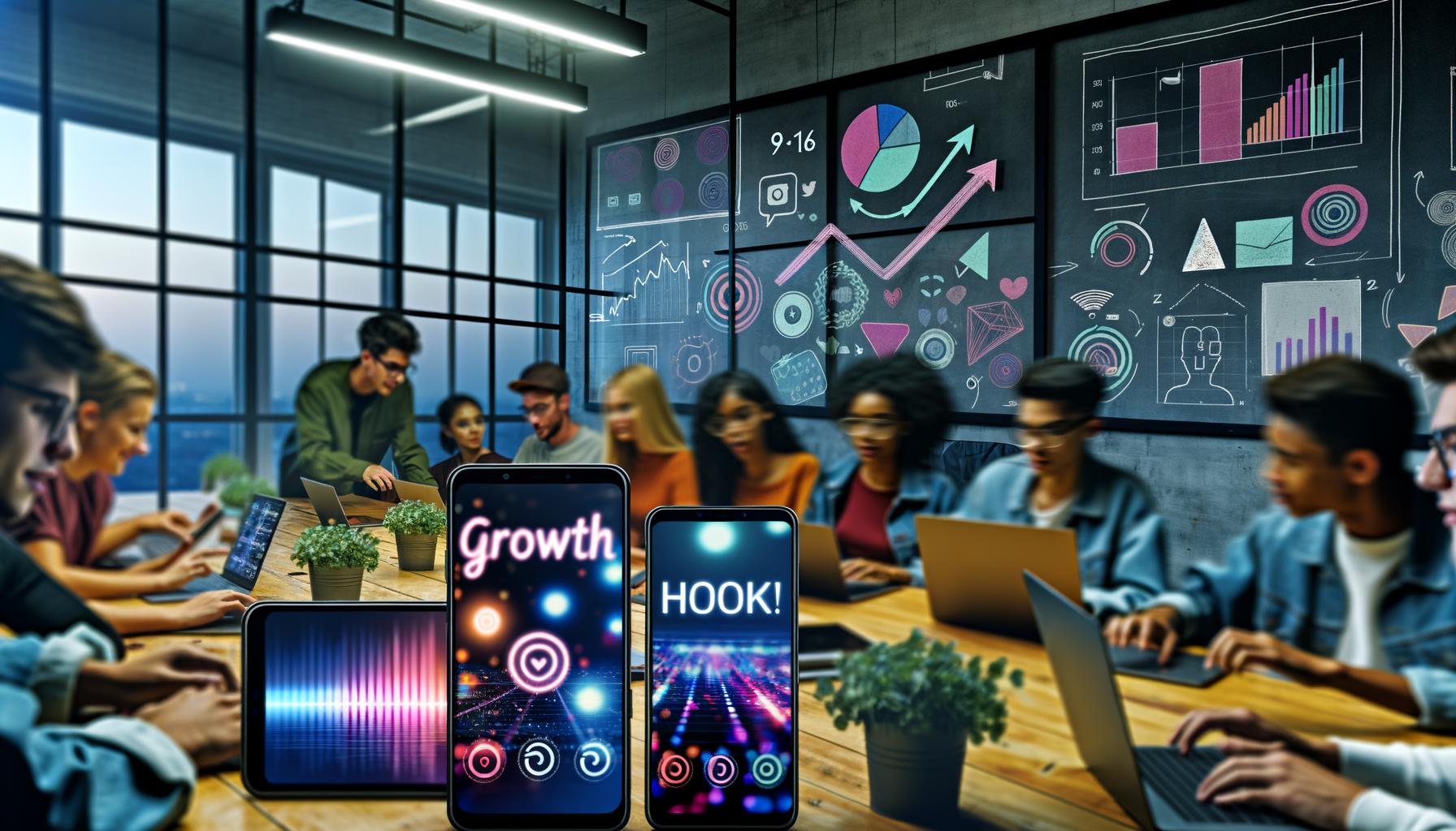 Junge, diverse Content Creator produzieren gemeinsam Social Media Reels im modernen Workspace, mit großen Handybildschirmen und Analytics-Diagrammen im Hintergrund.