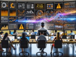 Modernes Büro mit Marketer vor digitalen Bildschirmen, die Echtzeitdaten und Churn-Scores visualisieren, im Hintergrund Teams an Whiteboards und Warnleuchten bei gefährdeten Kunden.