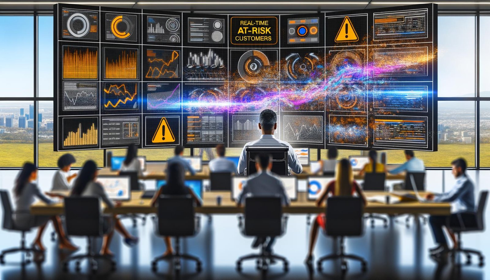 Modernes Büro mit Marketer vor digitalen Bildschirmen, die Echtzeitdaten und Churn-Scores visualisieren, im Hintergrund Teams an Whiteboards und Warnleuchten bei gefährdeten Kunden.