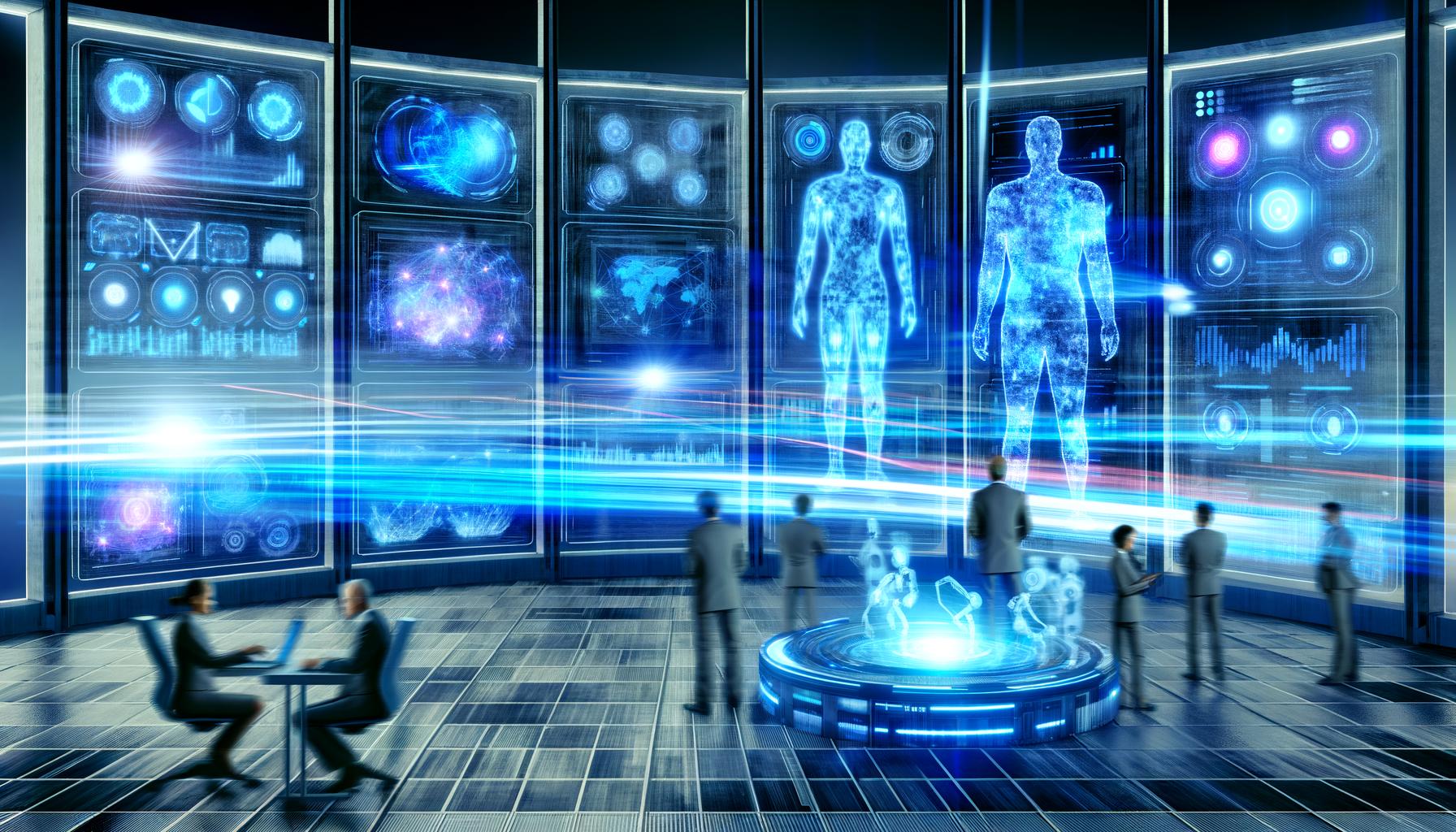 Menschen und humanoide Roboter analysieren in einem futuristischen Kontrollraum komplexe Marketingdaten vor holografischen Dashboards, blaue Lichtspuren und eine digitale Stadt im Hintergrund.