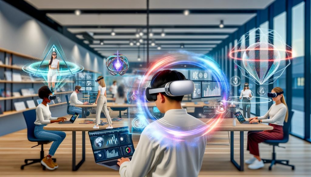 Futuristisches Büro mit Marketers, die XR-Technologien wie VR-Headsets, AR-Brillen und holografische Marketing-Dashboards aktiv verwenden.