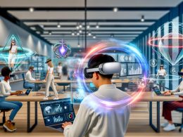 Futuristisches Büro mit Marketers, die XR-Technologien wie VR-Headsets, AR-Brillen und holografische Marketing-Dashboards aktiv verwenden.