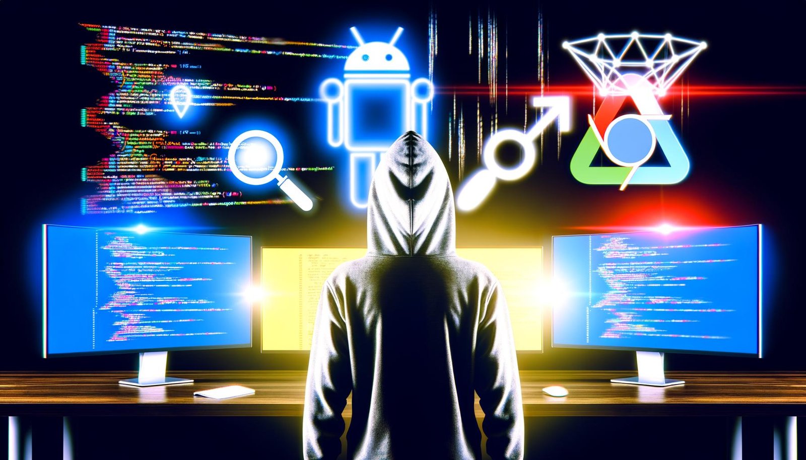 Coverbild eines Tech-Artikels: Entwickler mit Hoodie vor Monitoren mit Code, SEO-Grafiken und React-Logos, umgeben von Suchmaschinen-Symbolen und dem Googlebot.