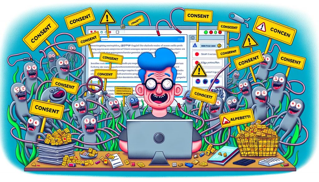 Karikatur eines gestressten Webseitenbetreibers umgeben von Cookie-Bannern, Datenschutz-Hinweisen, blinkenden Warnsymbolen und tanzenden Datenschutzzombies vor einer überladenen Website-Oberfläche.