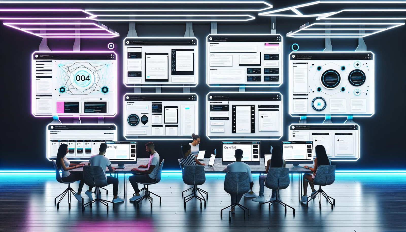 Ein diverses Team in einem modernen Büro arbeitet konzentriert an Laptops und Monitoren mit fortschrittlichem Headless CMS Editor, modularen Komponenten und abstrakten digitalen UI-Elementen.