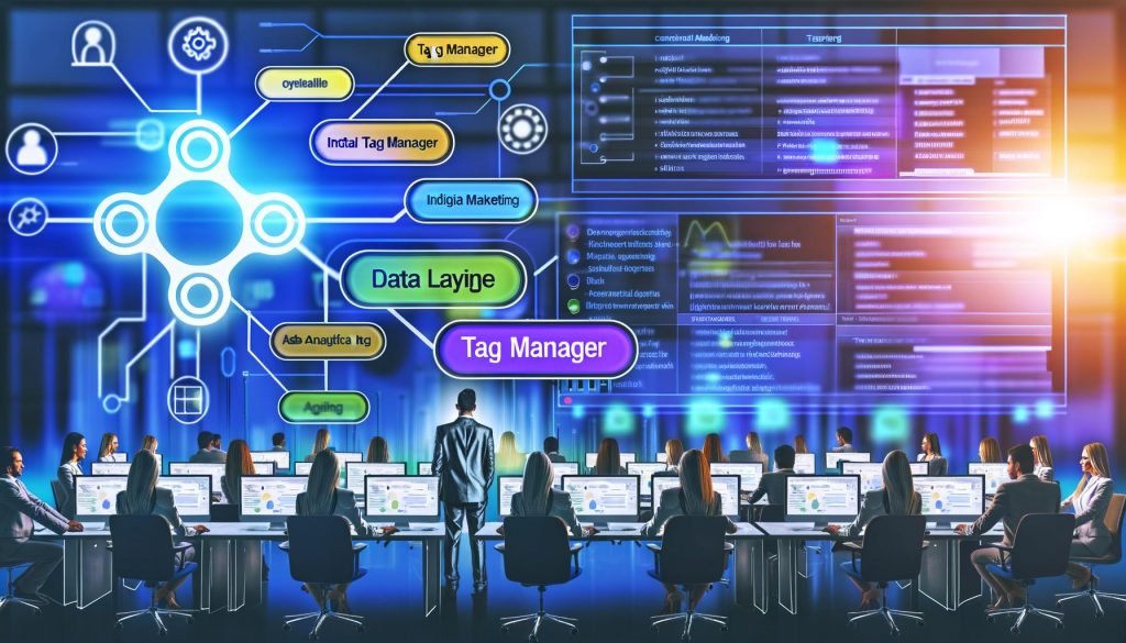 Illustration einer effizienten Marketing-Abteilung mit strukturiertem Dashboard, zentralem Data Layer und Tag-Manager-Logos, Marketer und Entwickler arbeiten gemeinsam an digitalen Pulten.