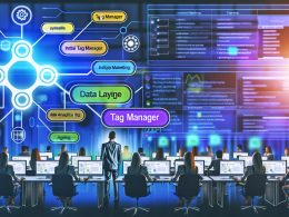 Illustration einer effizienten Marketing-Abteilung mit strukturiertem Dashboard, zentralem Data Layer und Tag-Manager-Logos, Marketer und Entwickler arbeiten gemeinsam an digitalen Pulten.