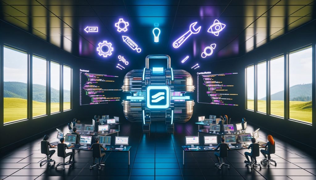 Szene im dunklen Maschinenraum eines digitalen Headquarters mit leuchtenden Codezeilen und Content-Hologrammen, zentralem Strapi CMS-Werkzeugkasten und arbeitenden Experten an Touchscreens.
