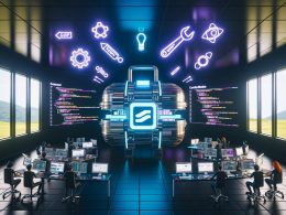 Szene im dunklen Maschinenraum eines digitalen Headquarters mit leuchtenden Codezeilen und Content-Hologrammen, zentralem Strapi CMS-Werkzeugkasten und arbeitenden Experten an Touchscreens.