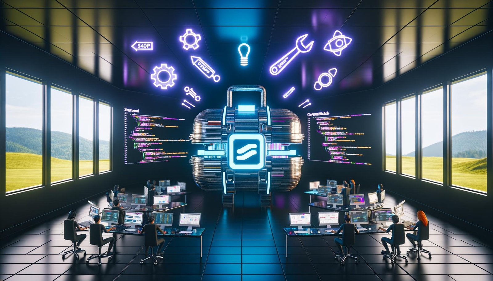 Szene im dunklen Maschinenraum eines digitalen Headquarters mit leuchtenden Codezeilen und Content-Hologrammen, zentralem Strapi CMS-Werkzeugkasten und arbeitenden Experten an Touchscreens.