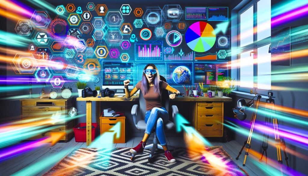 Junge Frau produziert Social-Media-Content in einem urbanen, technologisch ausgestatteten Studio mit bunten Anzeigen, Statistiken und digitalen Overlays.