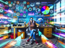 Junge Frau produziert Social-Media-Content in einem urbanen, technologisch ausgestatteten Studio mit bunten Anzeigen, Statistiken und digitalen Overlays.