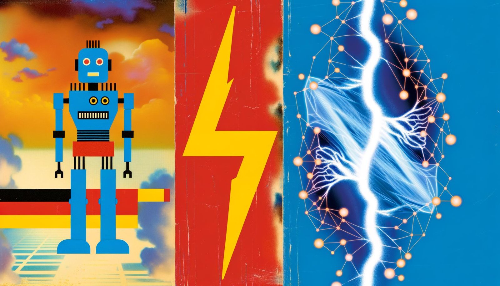 Links ein retrofuturistischer Humanoiden-Roboter (Künstliche Intelligenz), rechts eine schwebende neuronale Netz-Grafik (Artificial Intelligence), getrennt durch einen Blitz mit unterschiedlichen Farbtönen im Hintergrund.