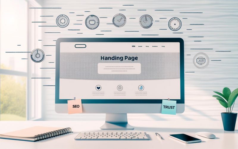 Moderner Schreibtisch mit Computer, der eine minimalistische Landingpage mit auffälliger Headline, Trust-Badges und Call-to-Action zeigt, umgeben von Notizblöcken und SEO-Sticky Notes.