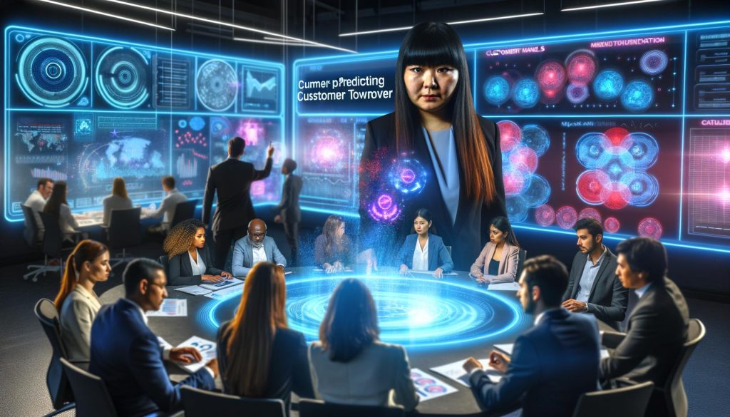 Futuristischer Kontrollraum mit Businessperson vor einem riesigen Bildschirm, farbigen Diagrammen und Machine-Learning-Visualisierungen zur Churn-Analyse, Analysten und Entwickler im Hintergrund.