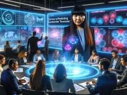 Futuristischer Kontrollraum mit Businessperson vor einem riesigen Bildschirm, farbigen Diagrammen und Machine-Learning-Visualisierungen zur Churn-Analyse, Analysten und Entwickler im Hintergrund.