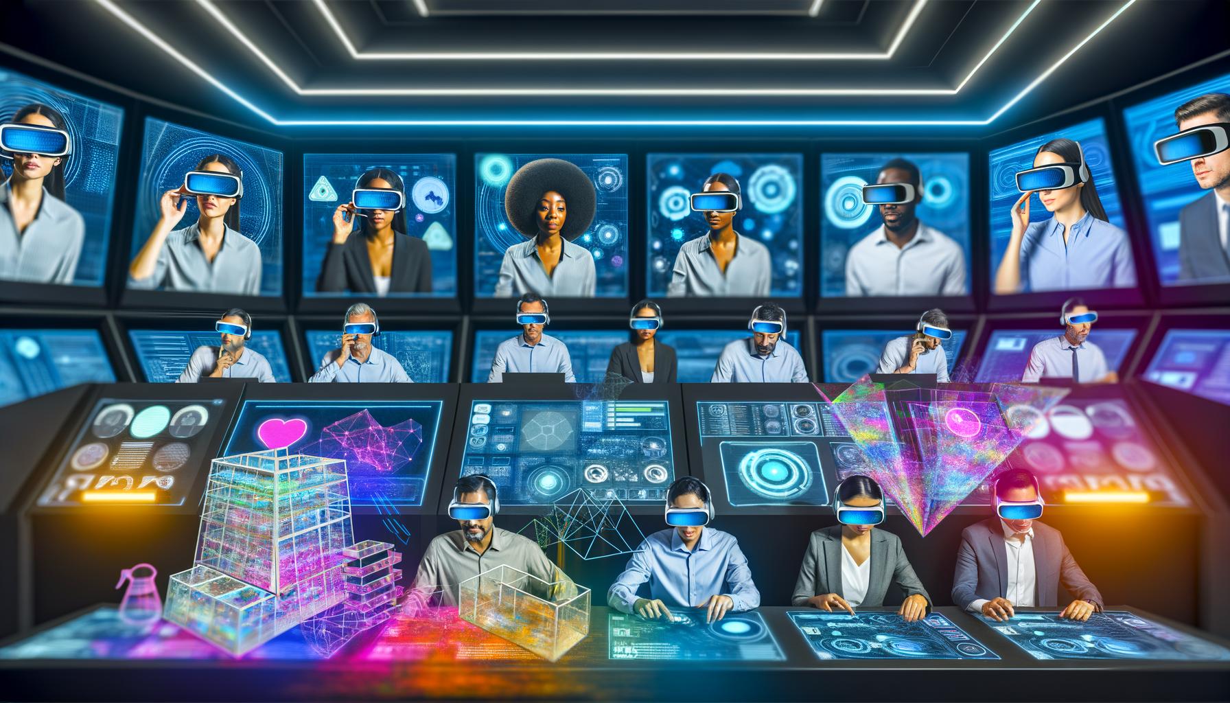 Futuristischer Kontrollraum mit Marketern in XR-Headsets und AR-Brillen, umgeben von holografischen Analysen und virtuellen Datenströmen