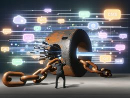 Moderne Illustration zeigt ein Team von Designer:innen, Marketer und Entwickler:innen, die gemeinsam rostige Ketten von einem veralteten CMS-Monolithen abreißen; im Hintergrund abstrakte API-Connectoren, Datenströme und digitale Endgeräte, die per Headless CMS verbunden sind.