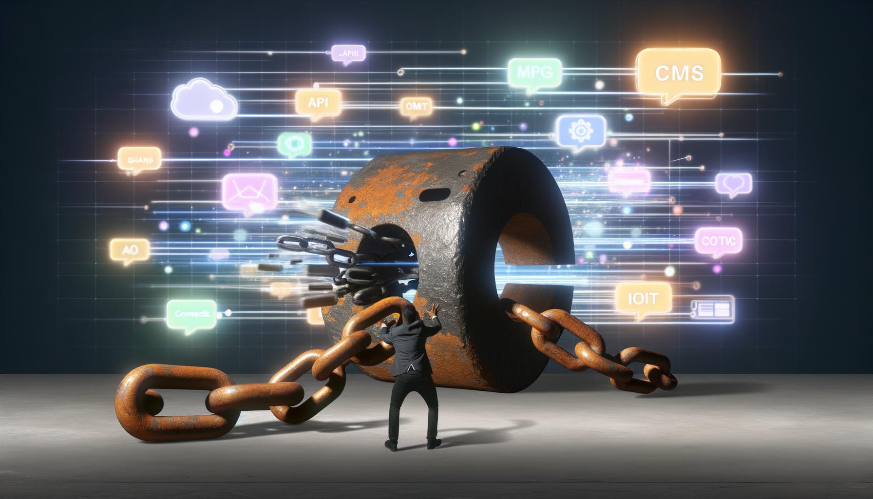 Moderne Illustration zeigt ein Team von Designer:innen, Marketer und Entwickler:innen, die gemeinsam rostige Ketten von einem veralteten CMS-Monolithen abreißen; im Hintergrund abstrakte API-Connectoren, Datenströme und digitale Endgeräte, die per Headless CMS verbunden sind.