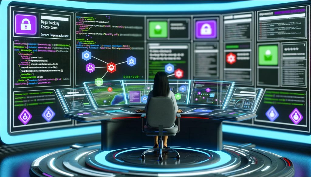 Online-Marketing-Profi im digitalen Kontrollraum steuert Tracking-Dashboards mit Google Tag Manager, Tealium und Matomo Logos, umgeben von Datenströmen und Hologrammen.