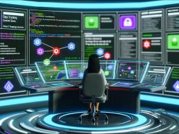 Online-Marketing-Profi im digitalen Kontrollraum steuert Tracking-Dashboards mit Google Tag Manager, Tealium und Matomo Logos, umgeben von Datenströmen und Hologrammen.