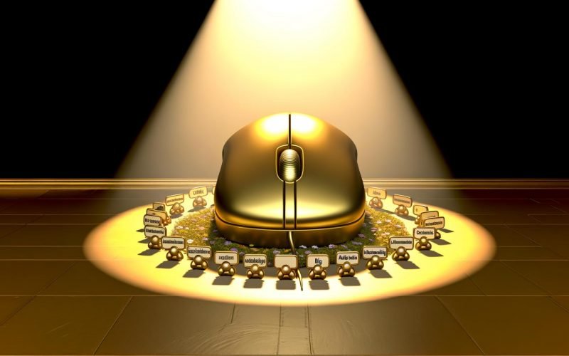 Szene mit großer goldener Computermaus im Rampenlicht auf dunkler Bühne, umgeben von verblassten Marketingkanal-Symbolen im Schatten