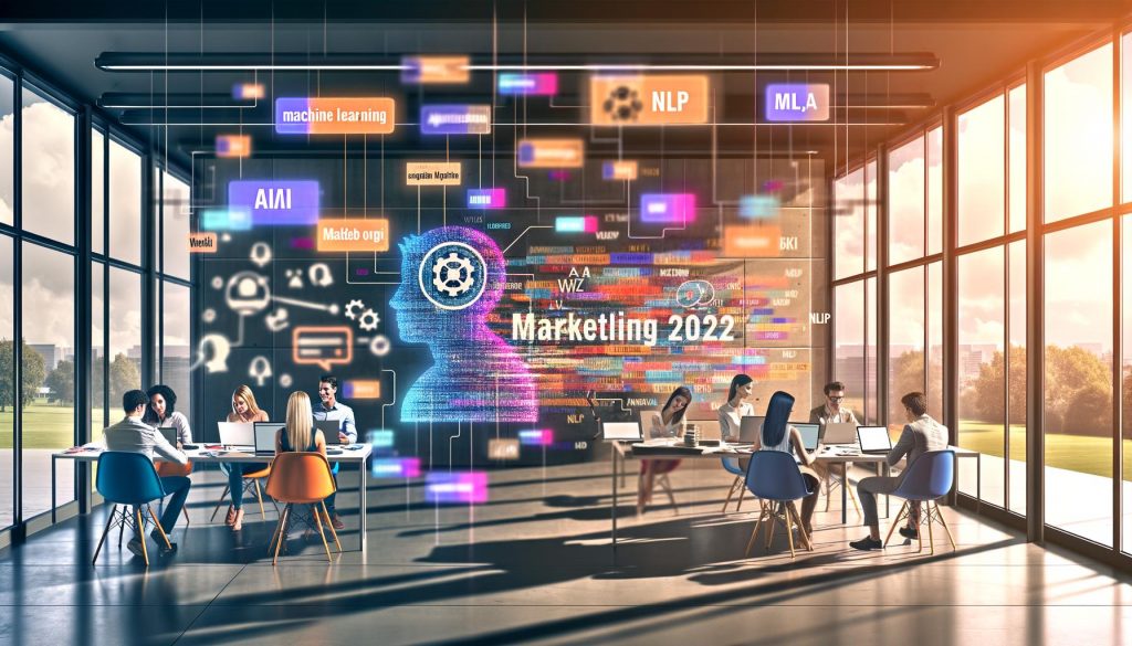 Dynamische Marketing-Profis in modernem Büro mit Datenvisualisierungen, KI-Konzepten und digitalem Overlay von Chatbots und neuronalen Netzen.