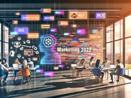 Dynamische Marketing-Profis in modernem Büro mit Datenvisualisierungen, KI-Konzepten und digitalem Overlay von Chatbots und neuronalen Netzen.