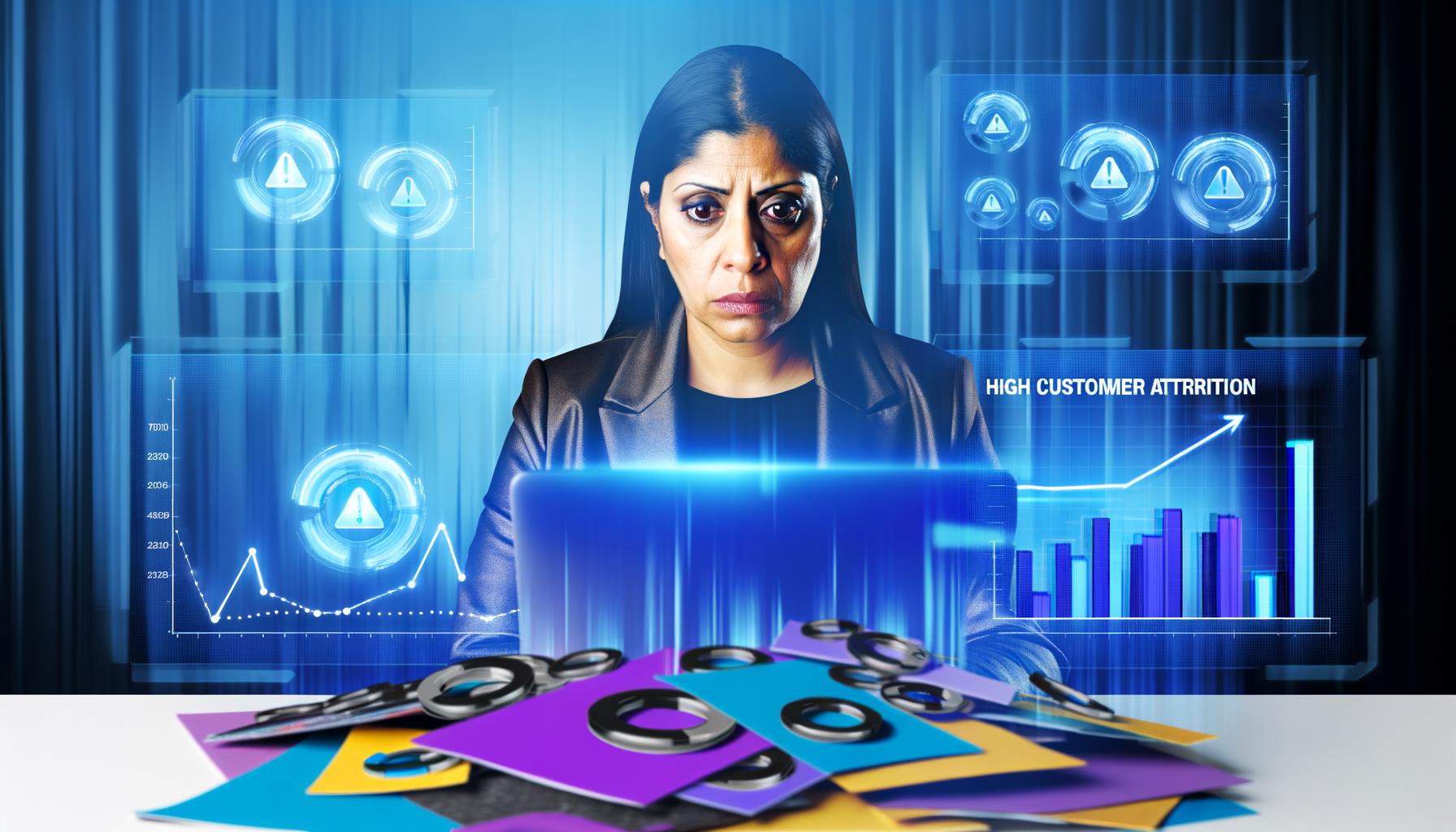 Nahaufnahme eines besorgten Marketingmanagers mit bunten Marketingmaterialien am Schreibtisch und sinkenden Kundenstatistiken auf dem Laptop, digitale Warnsymbole im Hintergrund.