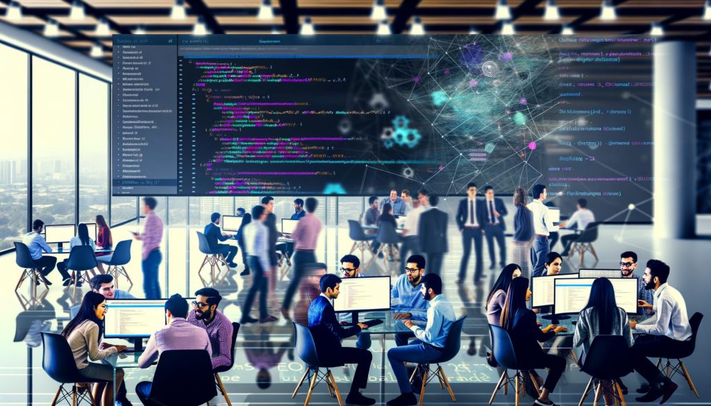 Diverses Entwicklerteam in modernem Silicon-Valley-Büro arbeitet gemeinsam an SEO-Optimierung für Single-Page-Applications, mit Bildschirmen voller Code und subtilen Symbolen für Googlebot und Suchmaschinen-Crawling.