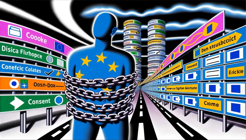 Kontrastreiche Illustration eines in Ketten gelegten, anthropomorphen Europas in einer Zwangsjacke aus Paragrafen, umringt von digitalen Bürokratie-Symbolen und vorbeirasenden US-Tech-Giganten.
