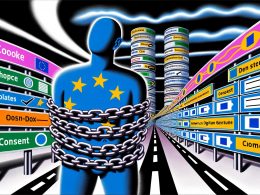 Kontrastreiche Illustration eines in Ketten gelegten, anthropomorphen Europas in einer Zwangsjacke aus Paragrafen, umringt von digitalen Bürokratie-Symbolen und vorbeirasenden US-Tech-Giganten.