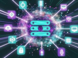 Modernes Magazin-Titelbild zeigt ein abstrahiertes Headless CMS Framework mit leuchtenden API-Verbindungen zu Smartphones, Tablets, Desktops, Sprachassistenten und IoT-Geräten; im Hintergrund zerbröckelt ein altes Monolith-CMS.