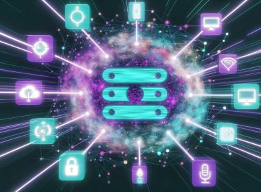 Modernes Magazin-Titelbild zeigt ein abstrahiertes Headless CMS Framework mit leuchtenden API-Verbindungen zu Smartphones, Tablets, Desktops, Sprachassistenten und IoT-Geräten; im Hintergrund zerbröckelt ein altes Monolith-CMS.