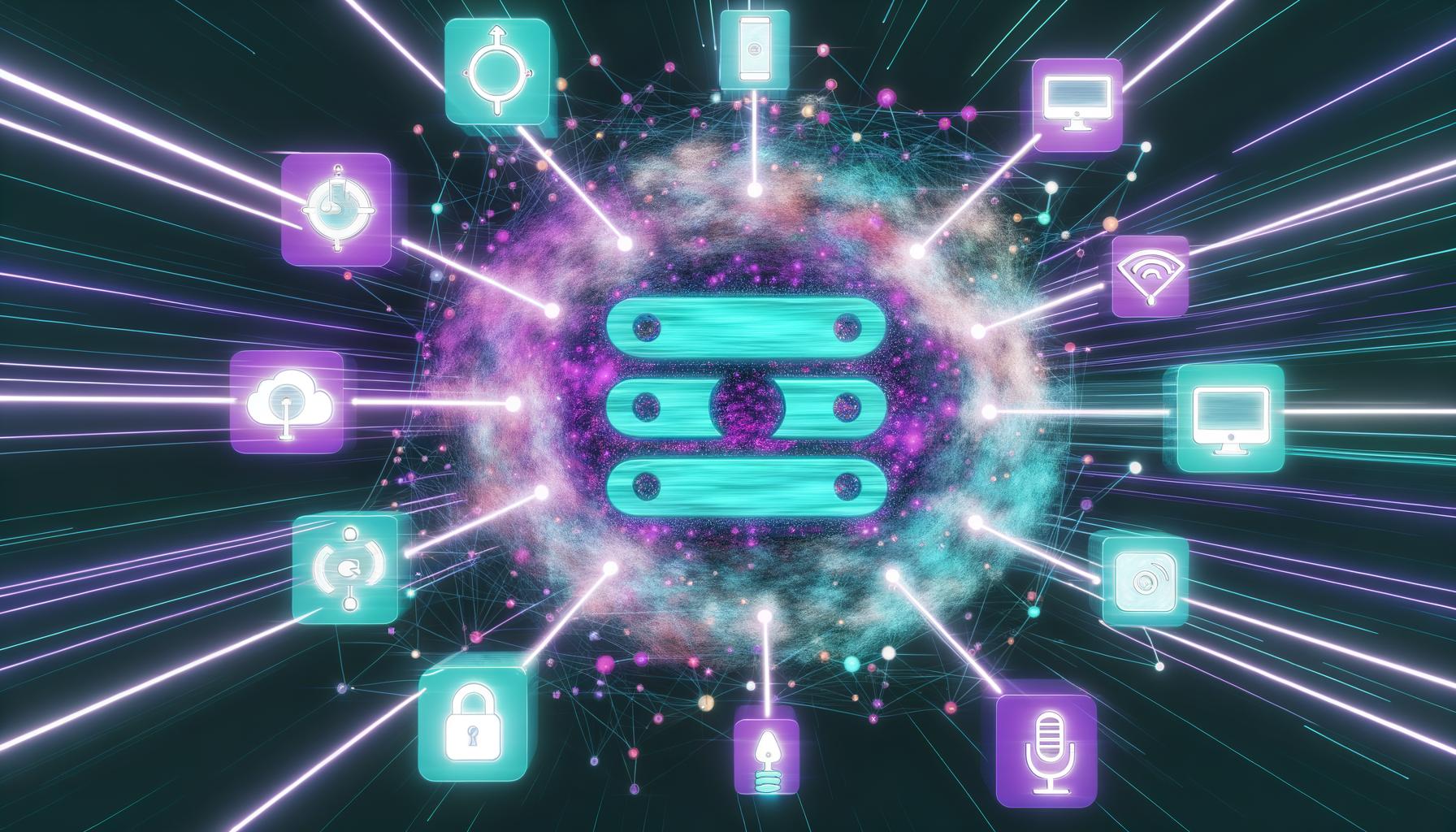 Modernes Magazin-Titelbild zeigt ein abstrahiertes Headless CMS Framework mit leuchtenden API-Verbindungen zu Smartphones, Tablets, Desktops, Sprachassistenten und IoT-Geräten; im Hintergrund zerbröckelt ein altes Monolith-CMS.