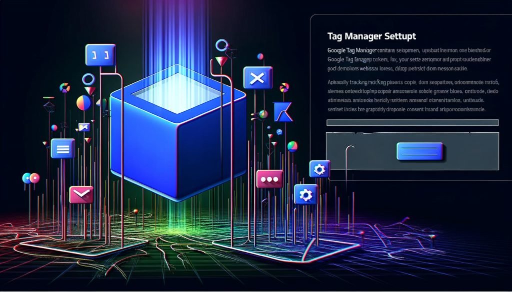 Stilisierter, leuchtender Datenwürfel schwebt über einer vernetzten Website-Landschaft mit abstrahiertem Google Tag Manager Container, grafischen KPIs, sowie farbigen Tracking-Pixeln und Consent-Popups im Flat Design.