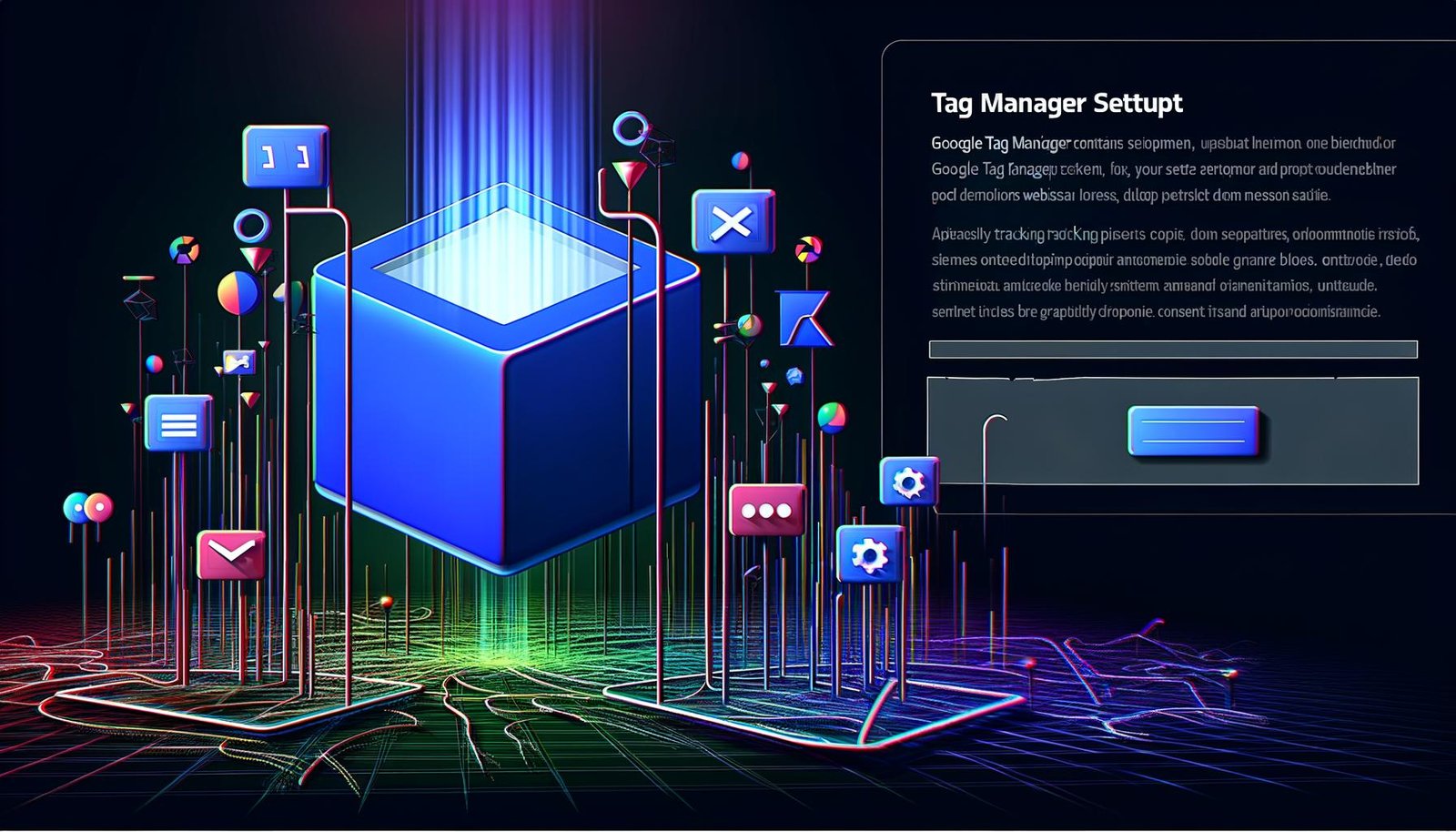 Stilisierter, leuchtender Datenwürfel schwebt über einer vernetzten Website-Landschaft mit abstrahiertem Google Tag Manager Container, grafischen KPIs, sowie farbigen Tracking-Pixeln und Consent-Popups im Flat Design.