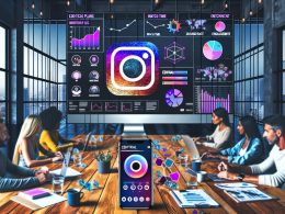 Digitale Redaktion mit diversen Marketers beim Brainstorming vor einem Monitor mit Instagram Reels, Redaktionsplänen und Analyse-Tools im urbanen Loft-Stil.