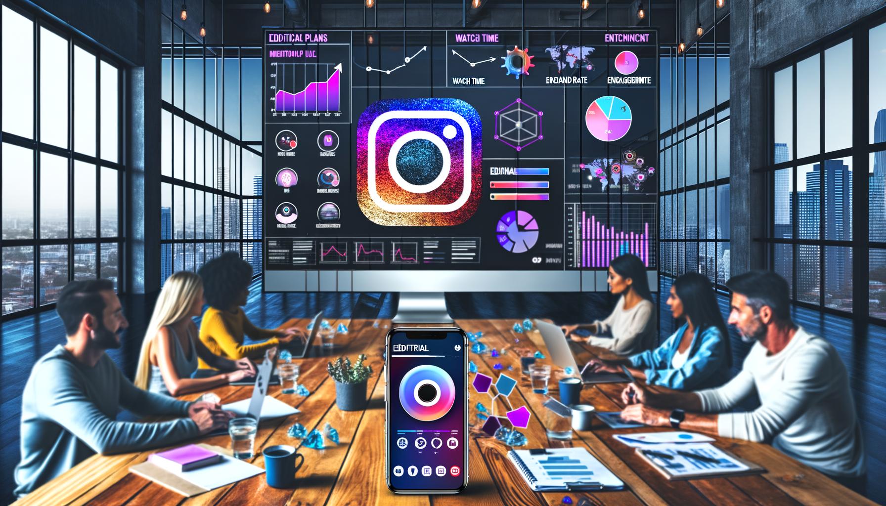 Digitale Redaktion mit diversen Marketers beim Brainstorming vor einem Monitor mit Instagram Reels, Redaktionsplänen und Analyse-Tools im urbanen Loft-Stil.