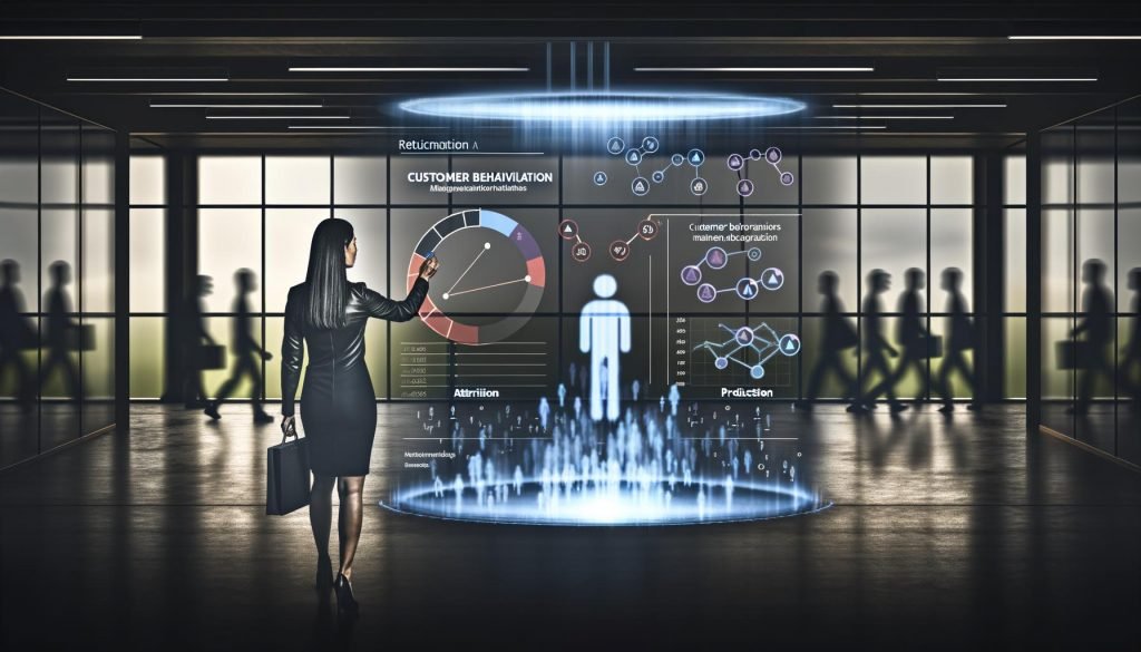 Futuristisches Großraumbüro mit Marketing-Fachkraft am transparenten Dashboard voller Kundenanalysen, während Menschen Richtung Ausgang gehen – Symbol für Kundenabwanderung und KI-gestützte Churn-Vorhersage.