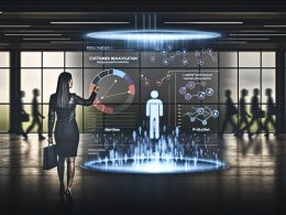 Futuristisches Großraumbüro mit Marketing-Fachkraft am transparenten Dashboard voller Kundenanalysen, während Menschen Richtung Ausgang gehen – Symbol für Kundenabwanderung und KI-gestützte Churn-Vorhersage.