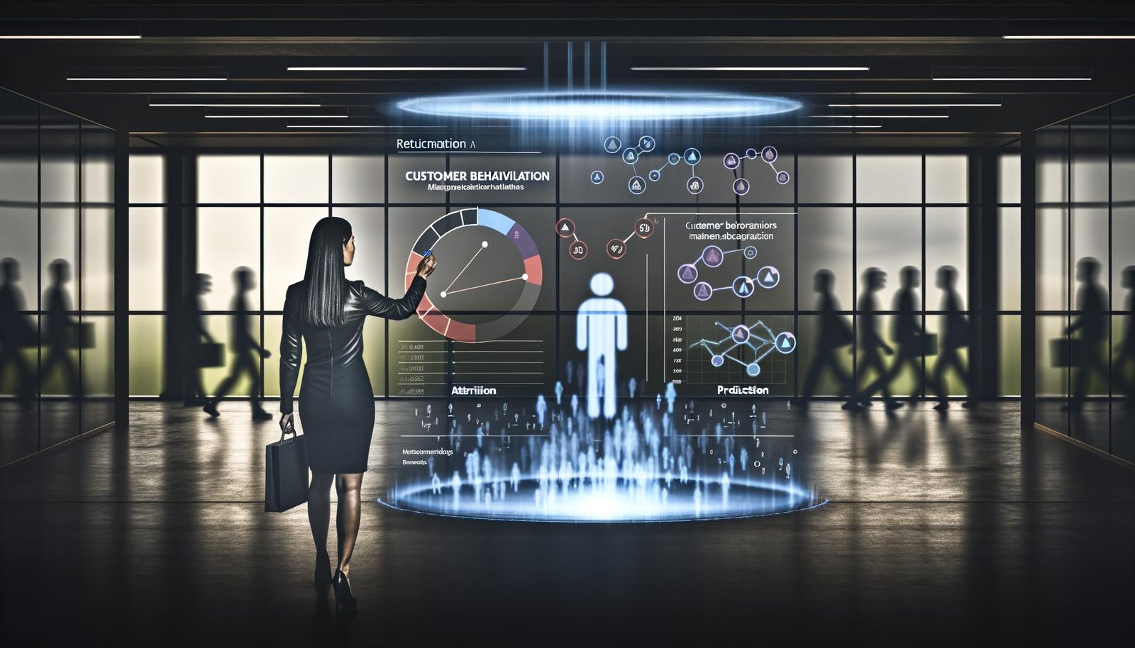 Futuristisches Großraumbüro mit Marketing-Fachkraft am transparenten Dashboard voller Kundenanalysen, während Menschen Richtung Ausgang gehen – Symbol für Kundenabwanderung und KI-gestützte Churn-Vorhersage.