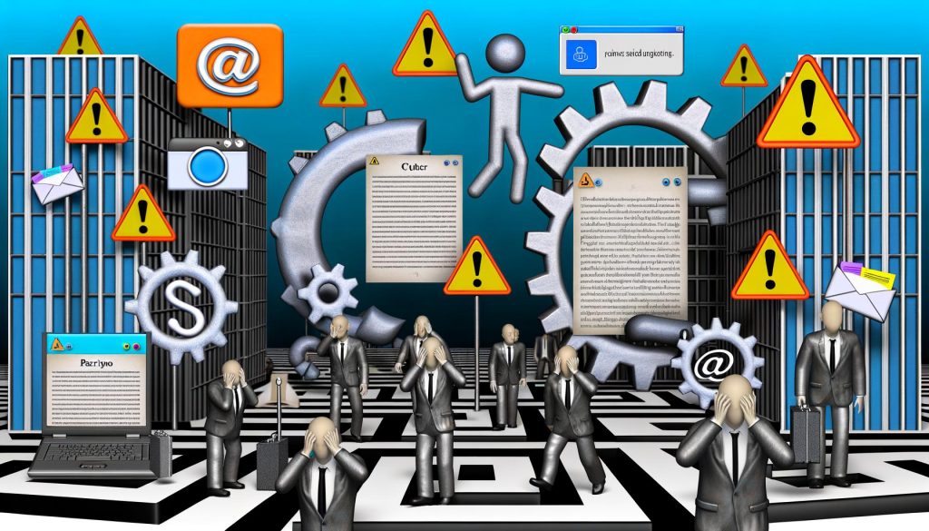 Surrealer Irrgarten mit gestressten Personen zwischen Gerichtsdokumenten, Cookie-Bannern, Paragraphen-Symbolen und Panik-Emojis, eingerahmt von Bürogebäuden, blinkenden Warnschildern, Zahnrädern mit Schlössern und einer strengen Datenschutz-Statue, kühl und sarkastisch inszeniert.