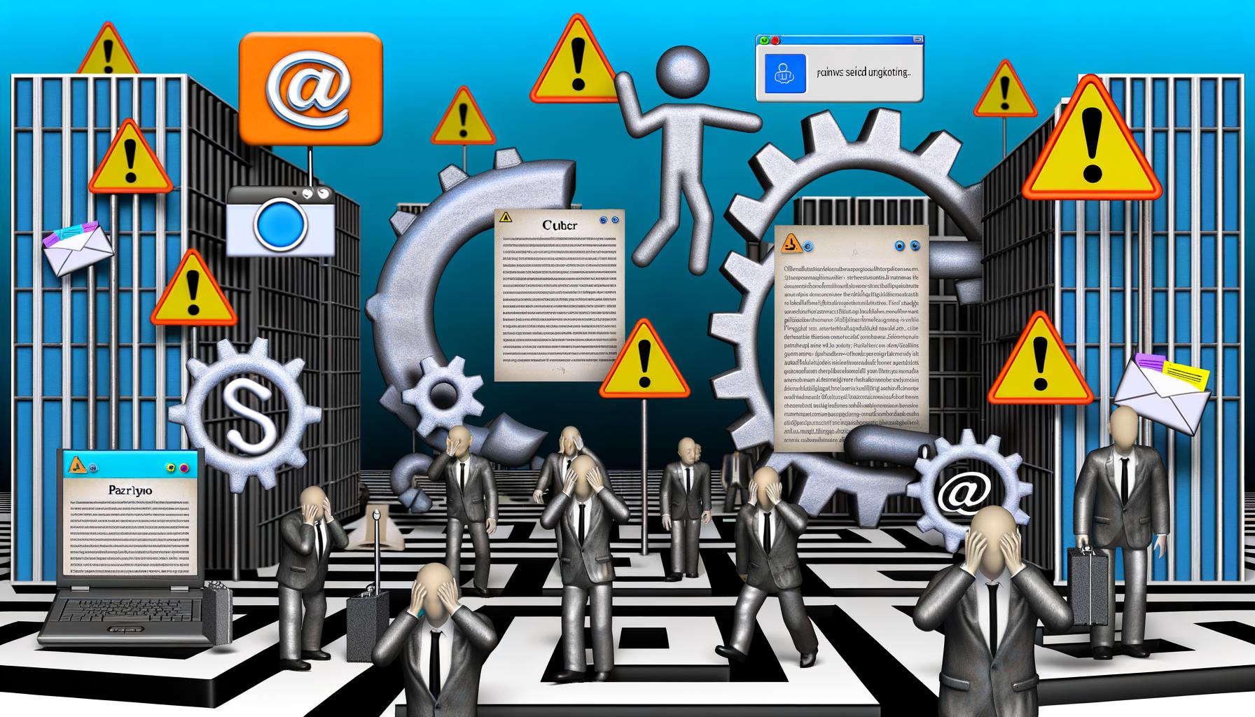 Surrealer Irrgarten mit gestressten Personen zwischen Gerichtsdokumenten, Cookie-Bannern, Paragraphen-Symbolen und Panik-Emojis, eingerahmt von Bürogebäuden, blinkenden Warnschildern, Zahnrädern mit Schlössern und einer strengen Datenschutz-Statue, kühl und sarkastisch inszeniert.