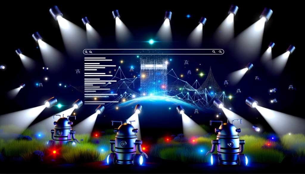 Animierte, moderne Webseite mit dynamischen Inhalten und komplexem Javascript über einem dunklen SEO-Schlachtfeld, Googlebots leuchten auf leere Content-Container, dramatisch fallende SERP-Rankings im Hintergrund.
